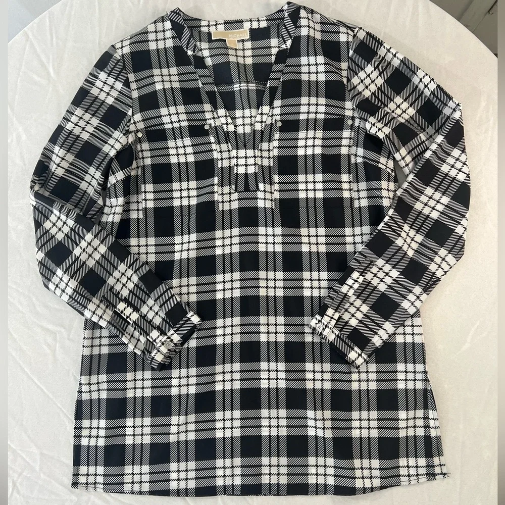 Michael Kors Black White Plaid Blouse Size M Classic Chic Top